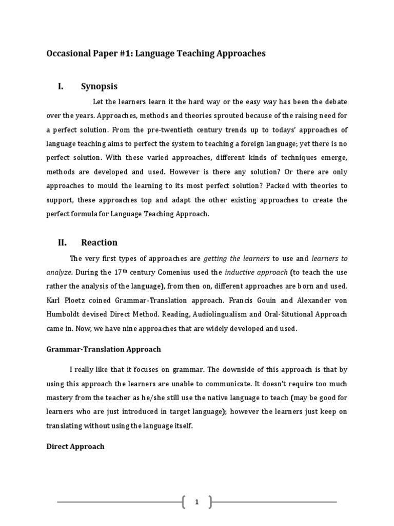 Occasional Paper #1: Language Teaching Approaches I. Synopsis | PDF ...
