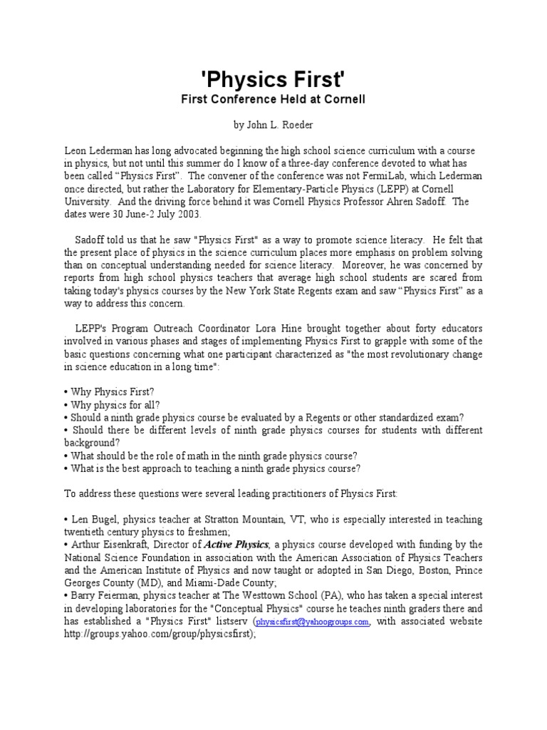 Physics First Conference Insights | PDF | Electrical Network | Science ...