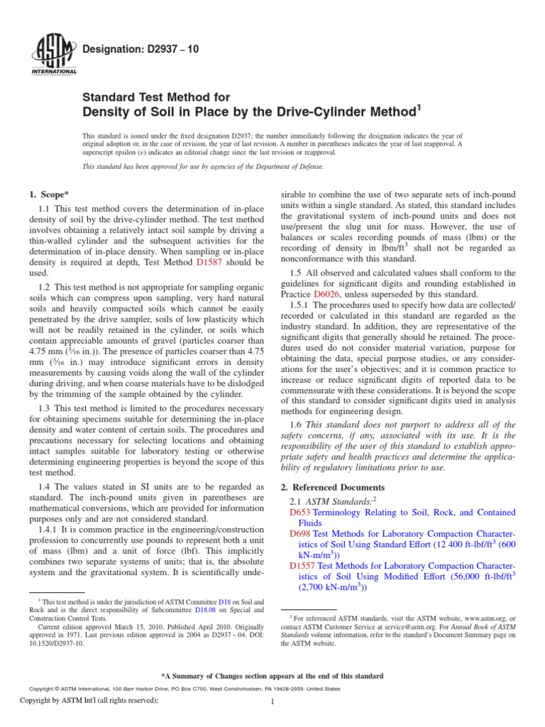 D2937-10 Standard Test Method For Density of Soil in Place by The Drive ...