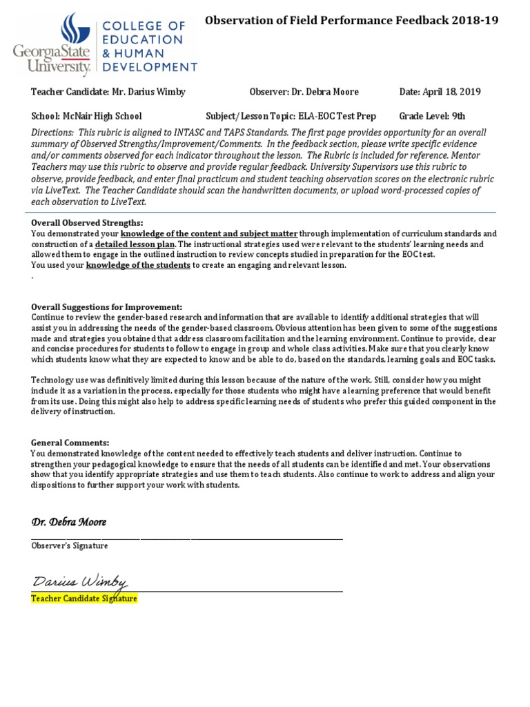 Us Observation Feedback Form 2 - Darius Wimby | PDF | Inquiry Based ...