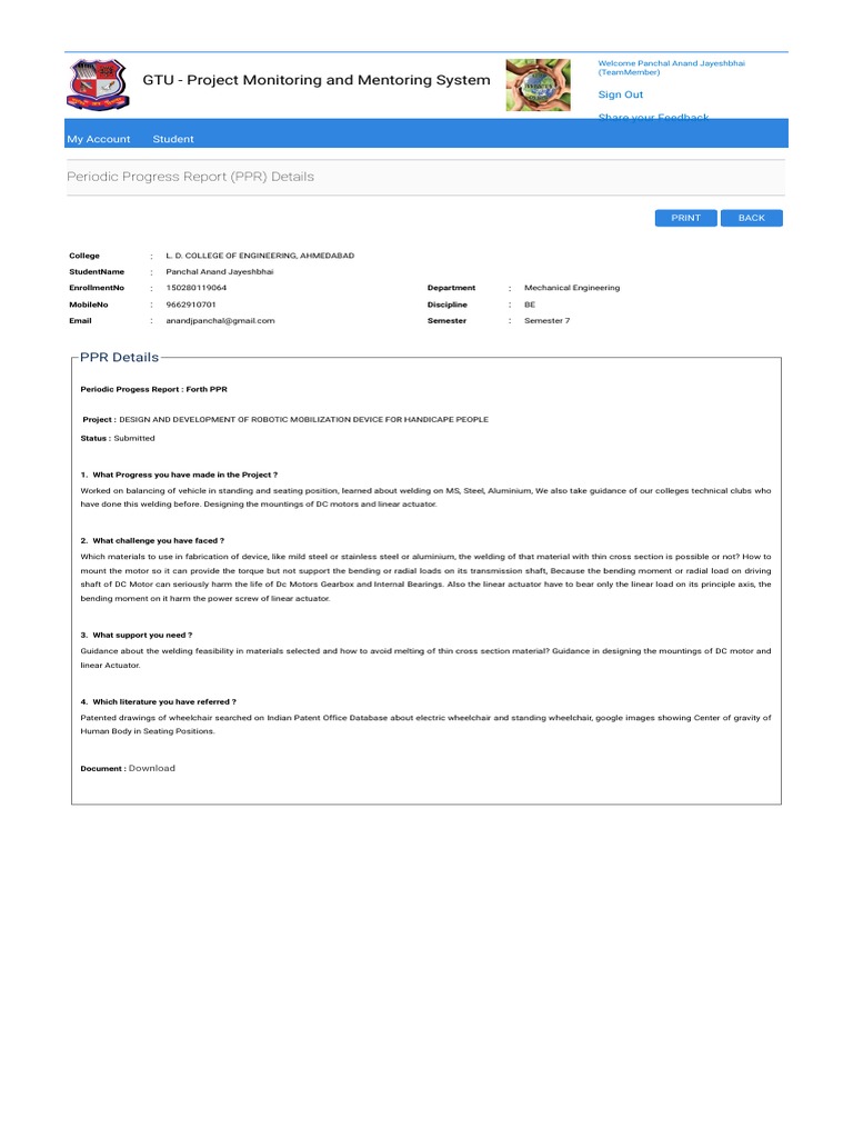 Gtu project monitoring and mentoring system periodic progress report