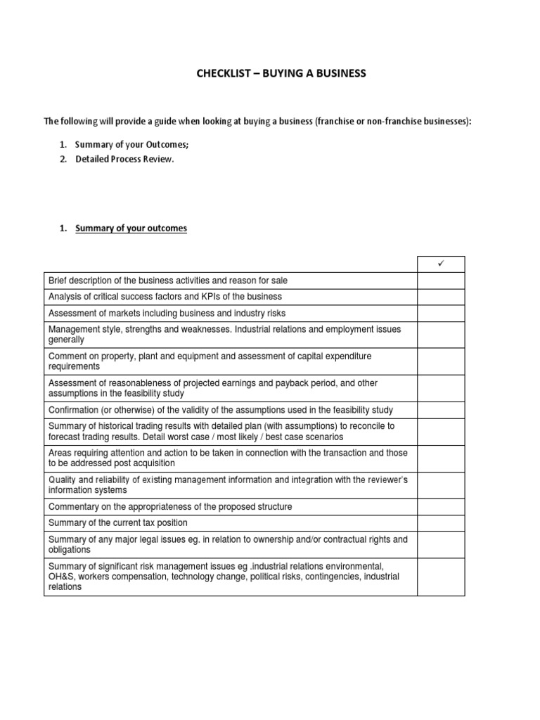Business Purchase Checklist | PDF | Valuation (Finance) | Taxes