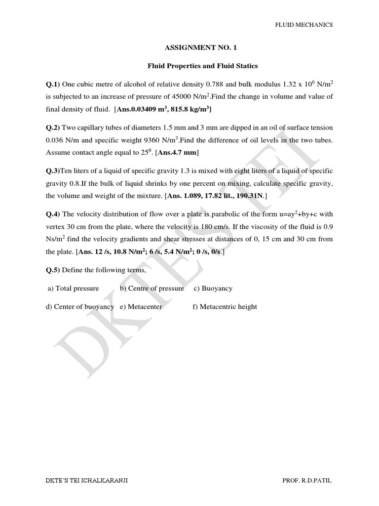 Fluid Mechanics Question Bank @ | PDF | Fluid Dynamics | Viscosity