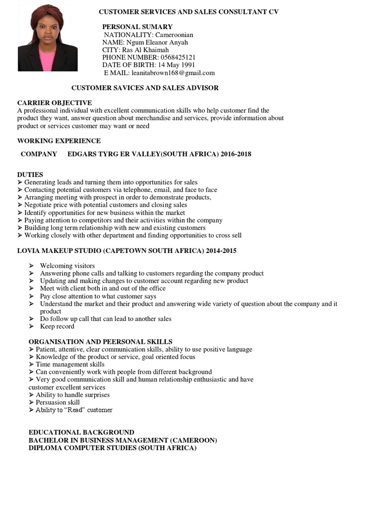 Customer Services and Sales Consultant CV PDF | PDF | Sales | Attention, image size:768x1024