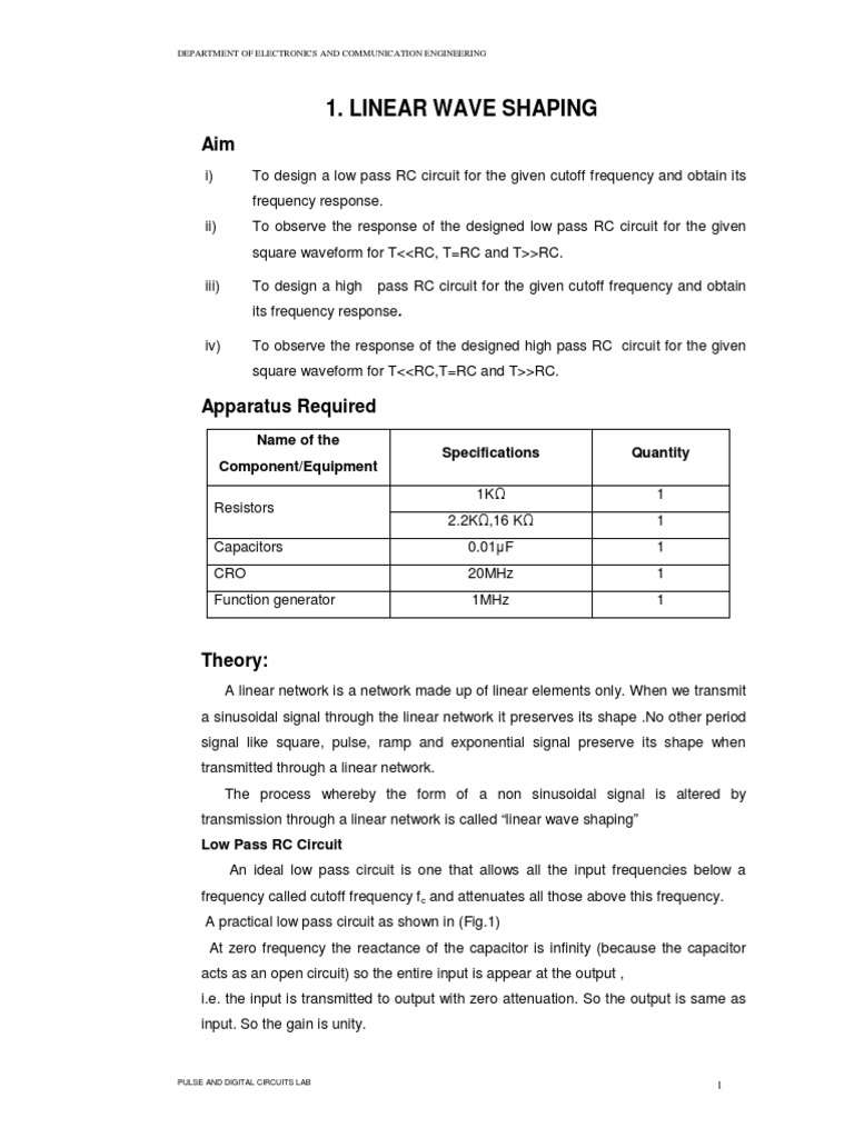 Linear Wave Shaping Name of The Component/Equipment Specifications