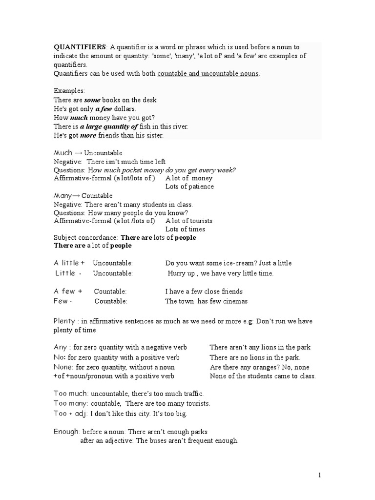 QUANTIFIERS: A Quantifier Is A Word or Phrase Which Is Used Before A ...