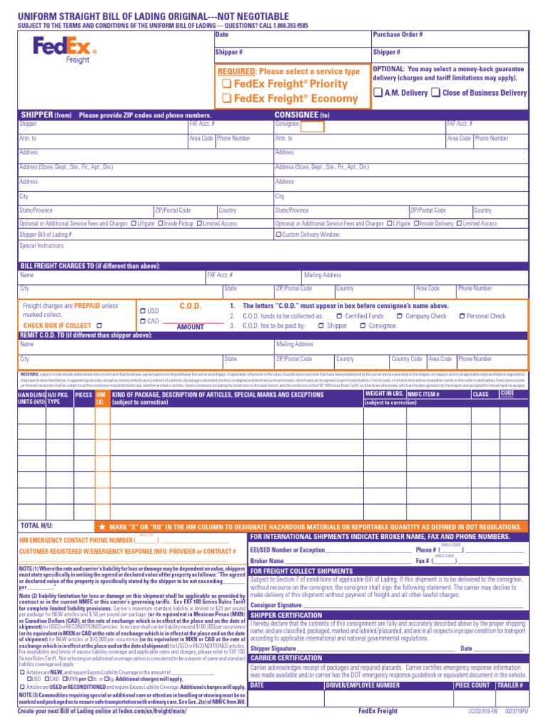 Fedex Freight Shipping Document | PDF | Cargo | Bill Of Lading