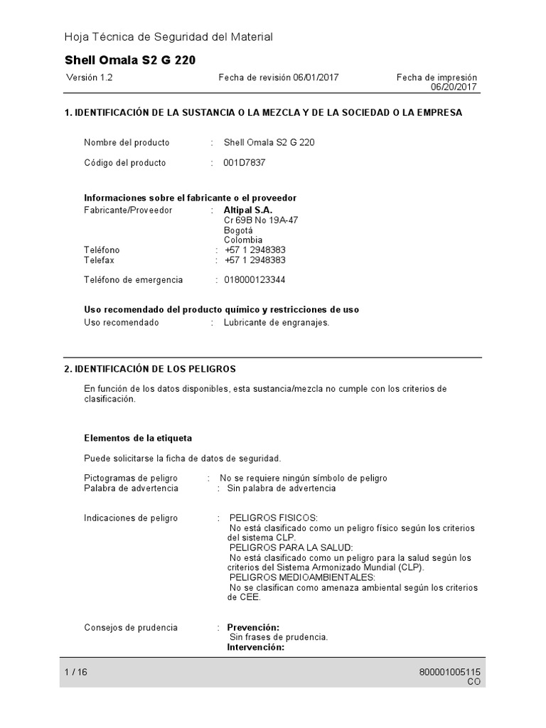 Aceite Shell Omala 220 | PDF | Residuos | Guante