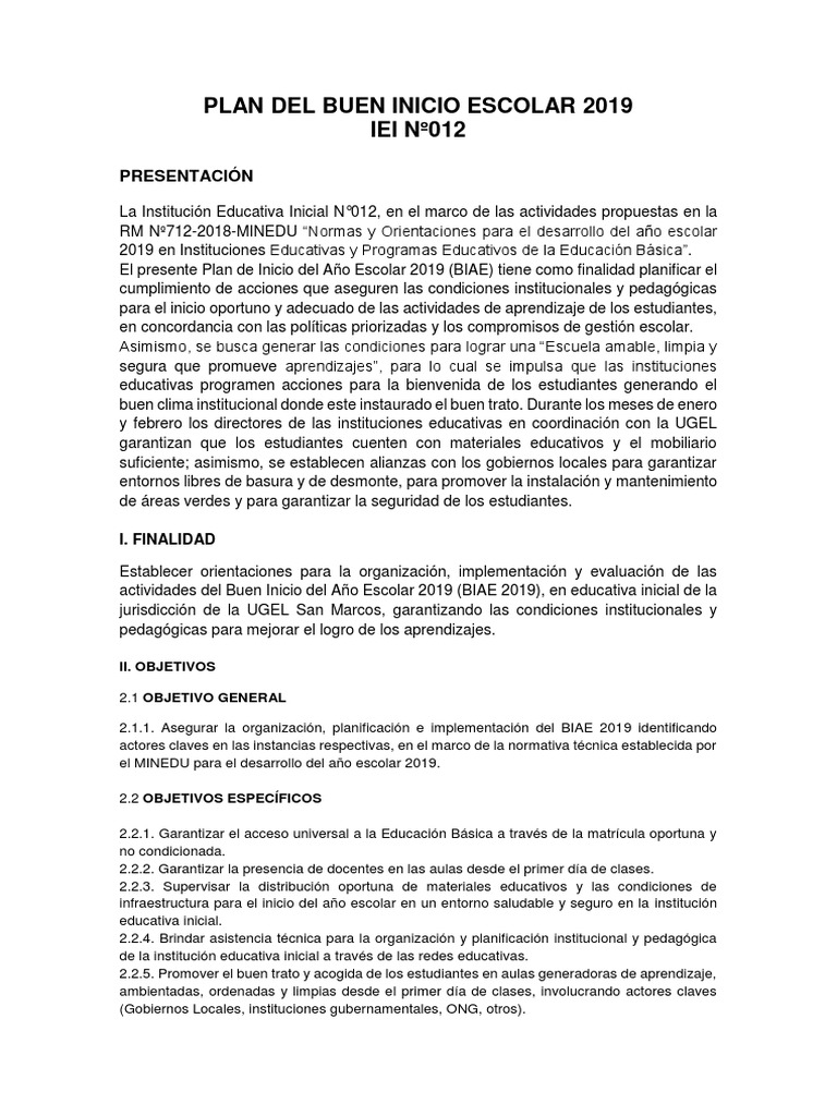 Plan Del Buen Inicio Del Año Escolar | PDF | Educación primaria | Maestros