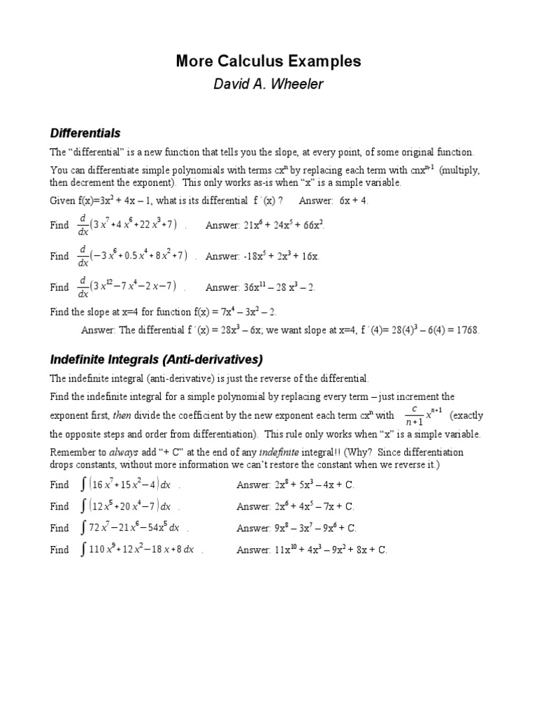An Introduction to Calculus Concepts Differentials, Indefinite