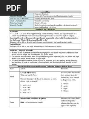 lesson plan 2 complmentary and supplementary angles