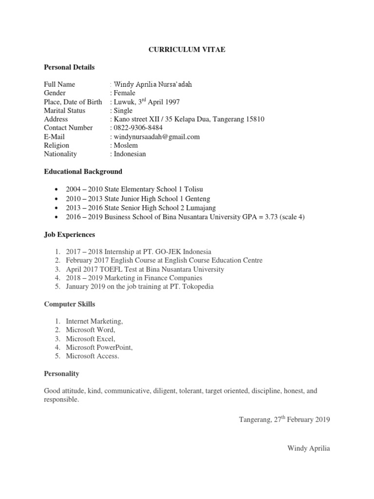 Windy Aprilia Nursa’adah CV | PDF
