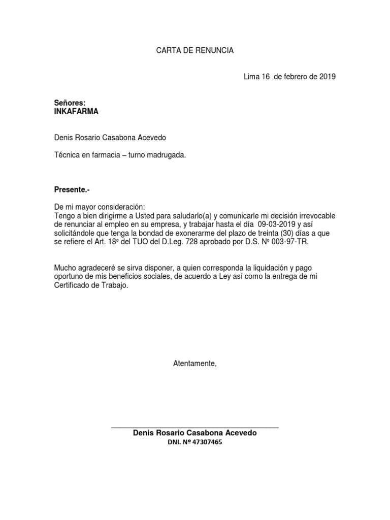 Formato Carta De Renuncia Carta De Renuncia Ejemplos De Carta De Unamed