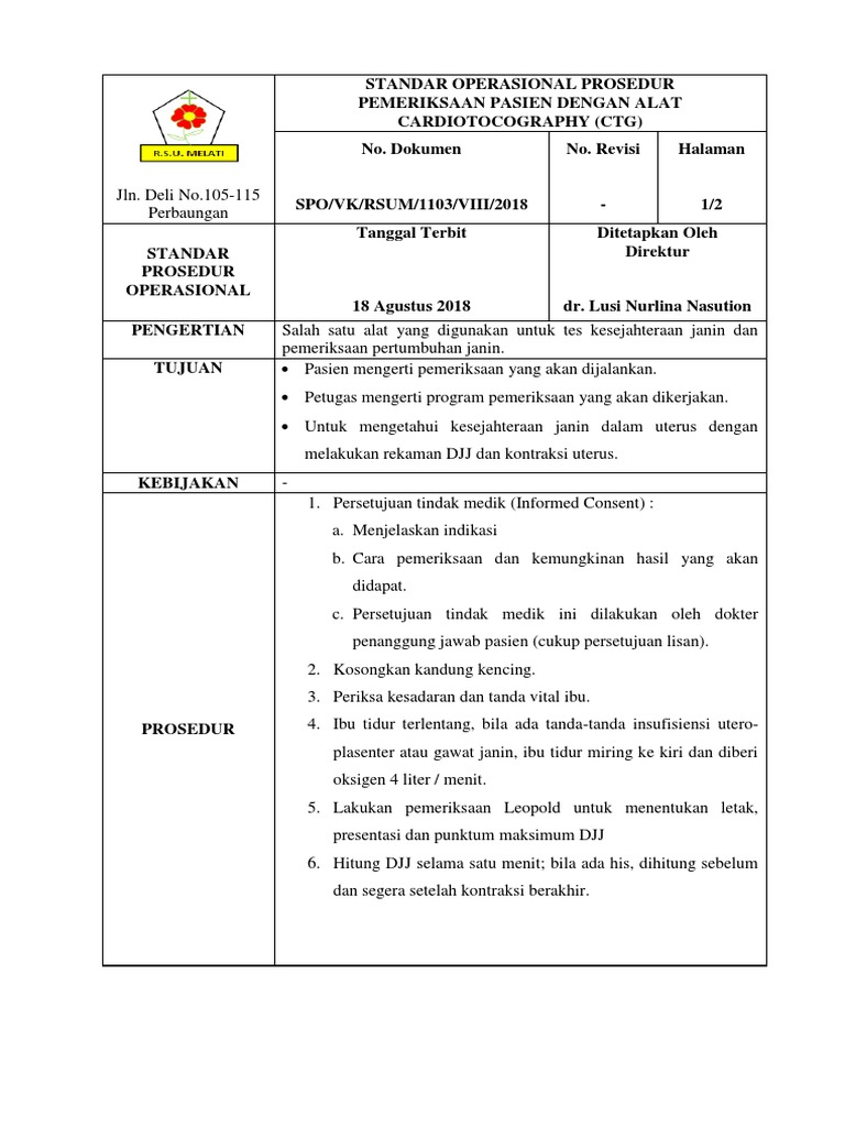 SOP Pemeriksaan CTG Pasien | PDF