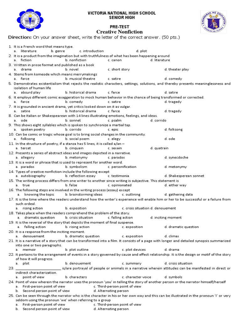 Creative Nonfiction Pre-Test Exam | PDF | Narration | Narrative