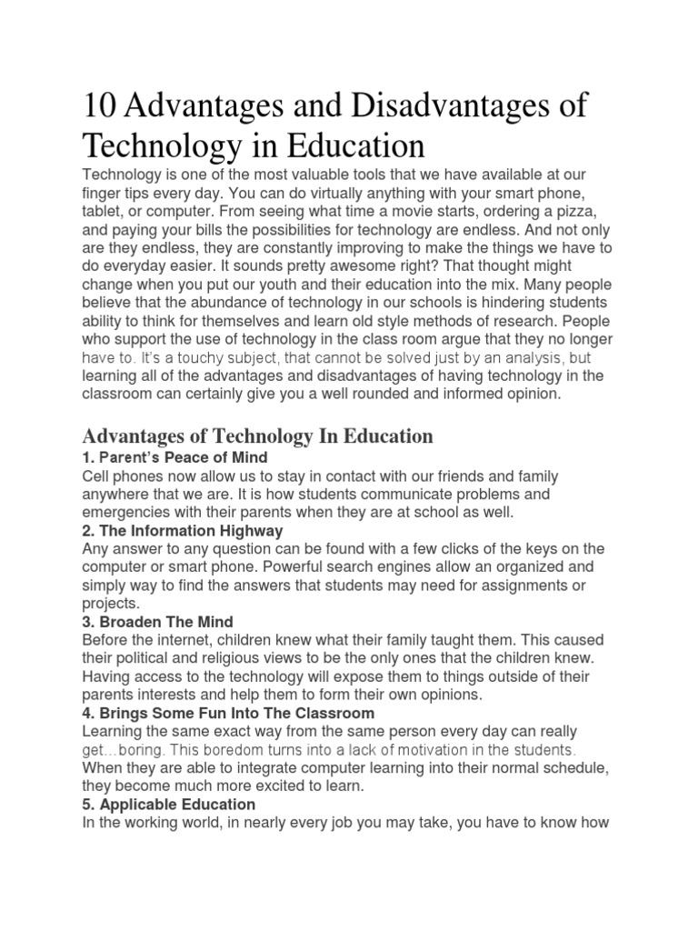 Advantages and Disadvantages of Technology in Education | PDF