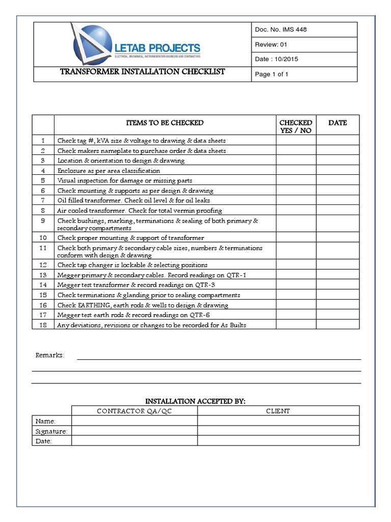 Transformer Installation Checklist | PDF