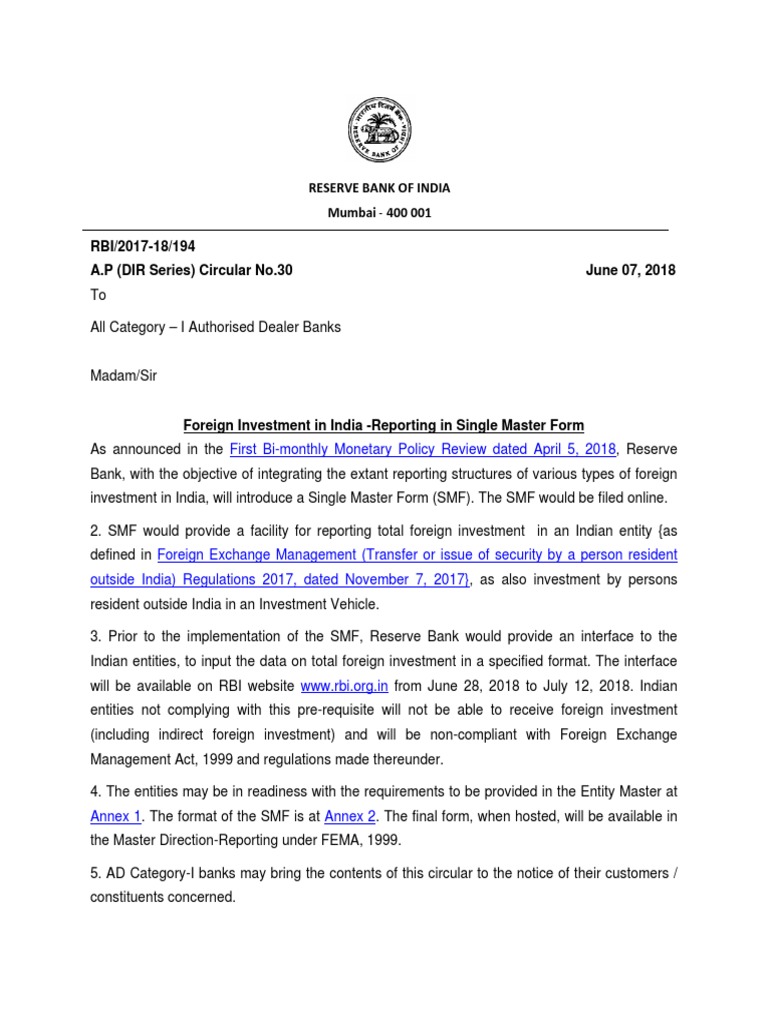 RBI Circular on Single Master Form for FDI | PDF
