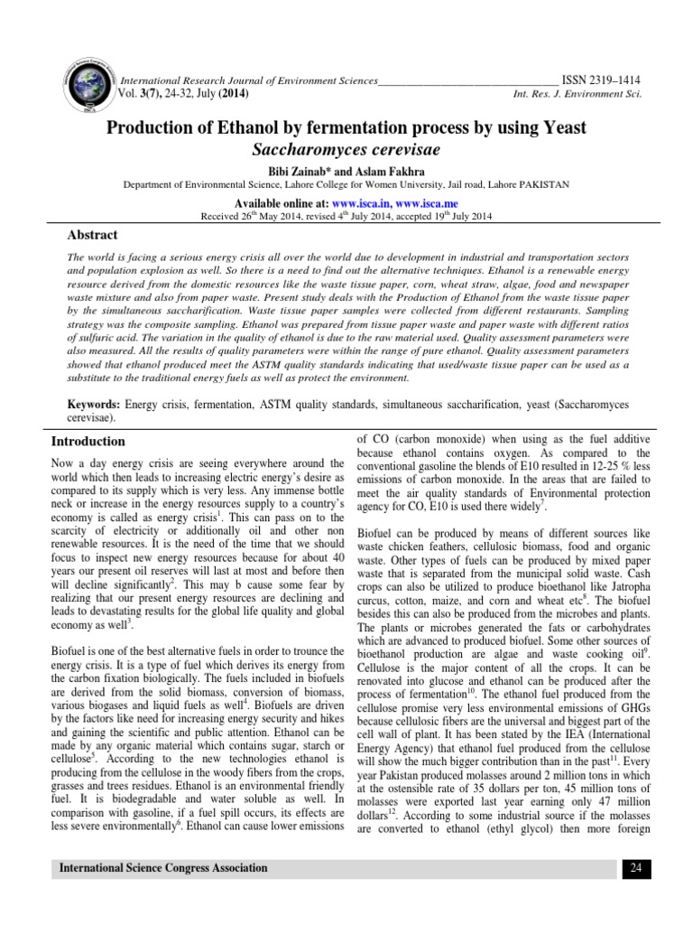Production of Ethanol by Fermentation Process by Using Yeast | PDF ...