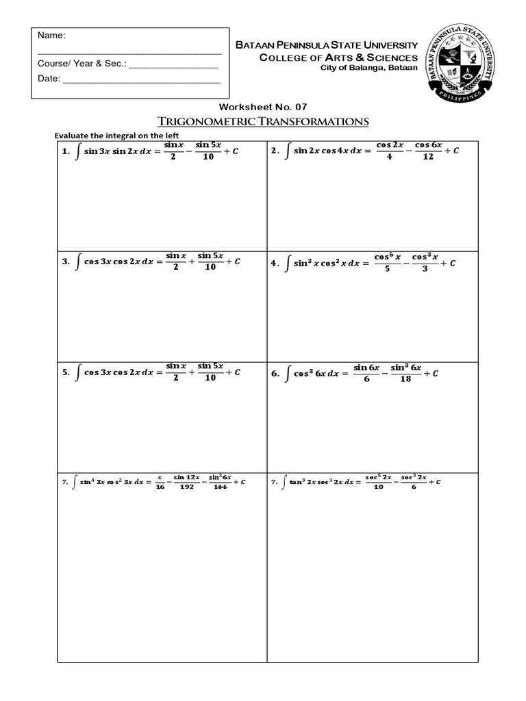 Trigonometric Transformations Worksheet | PDF