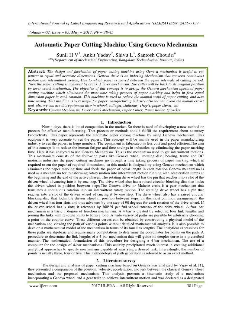 Automatic Paper Cutting Machine Using Geneva Mechanism PDF PDF