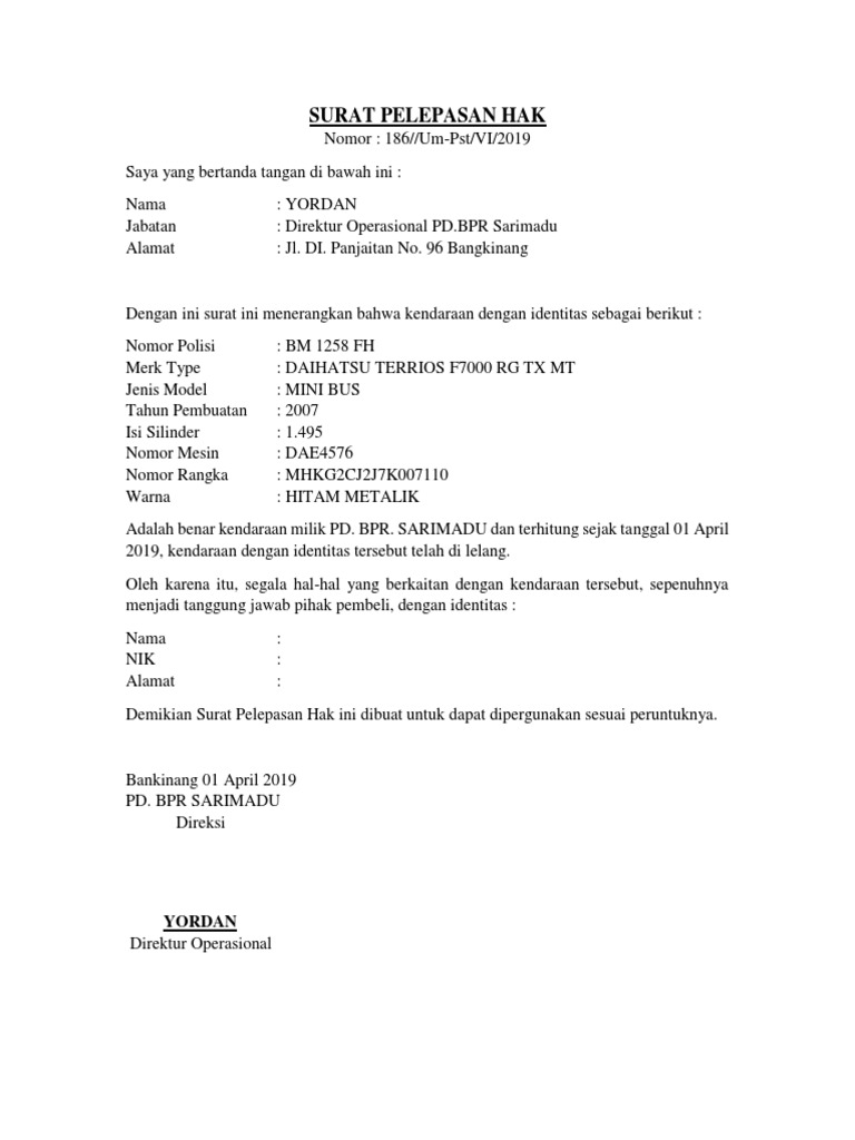 Pada hari ini hari tanggal bulan tahun telah terjadi Perjanjian Jual Beli Kendaraan antara.
