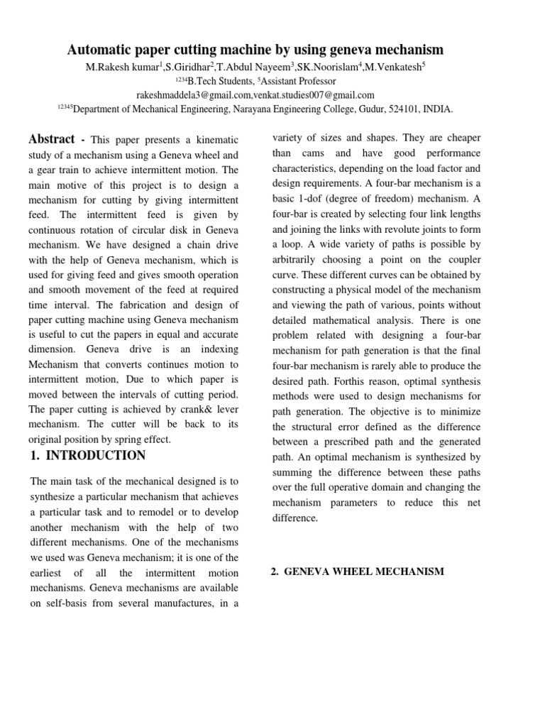 Automatic Paper Cutting Machine by Using Geneva Mechanism This Paper