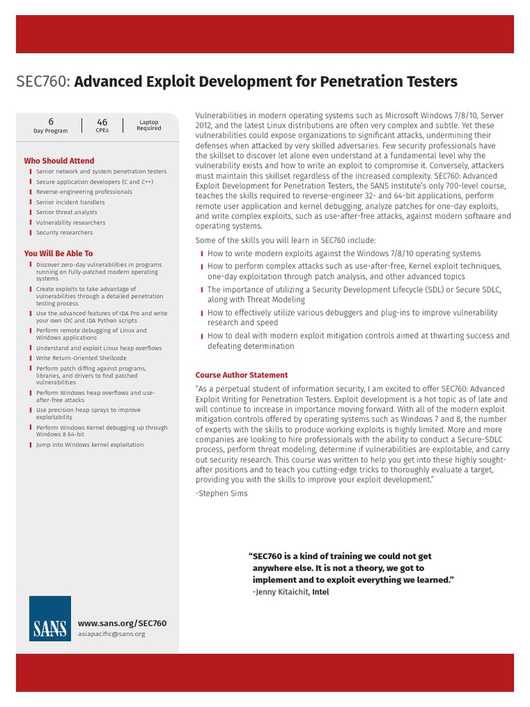 SEC760: Advanced Exploit Development | PDF | Vulnerability (Computing ...
