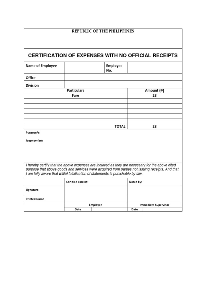 Certification of Expenses With No Official Receipts: Republic of The ...