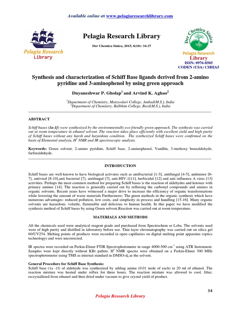 Green Synthesis of Schiff Base Ligands | PDF | Thin Layer ...