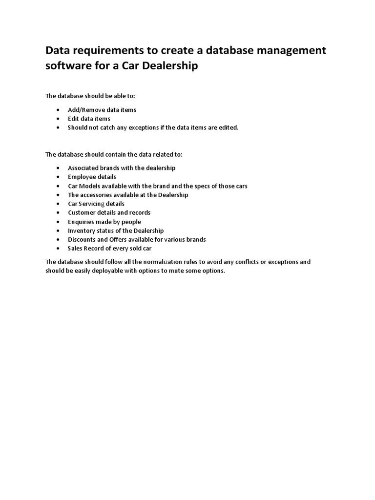 Car Dealership Database Requirements | PDF