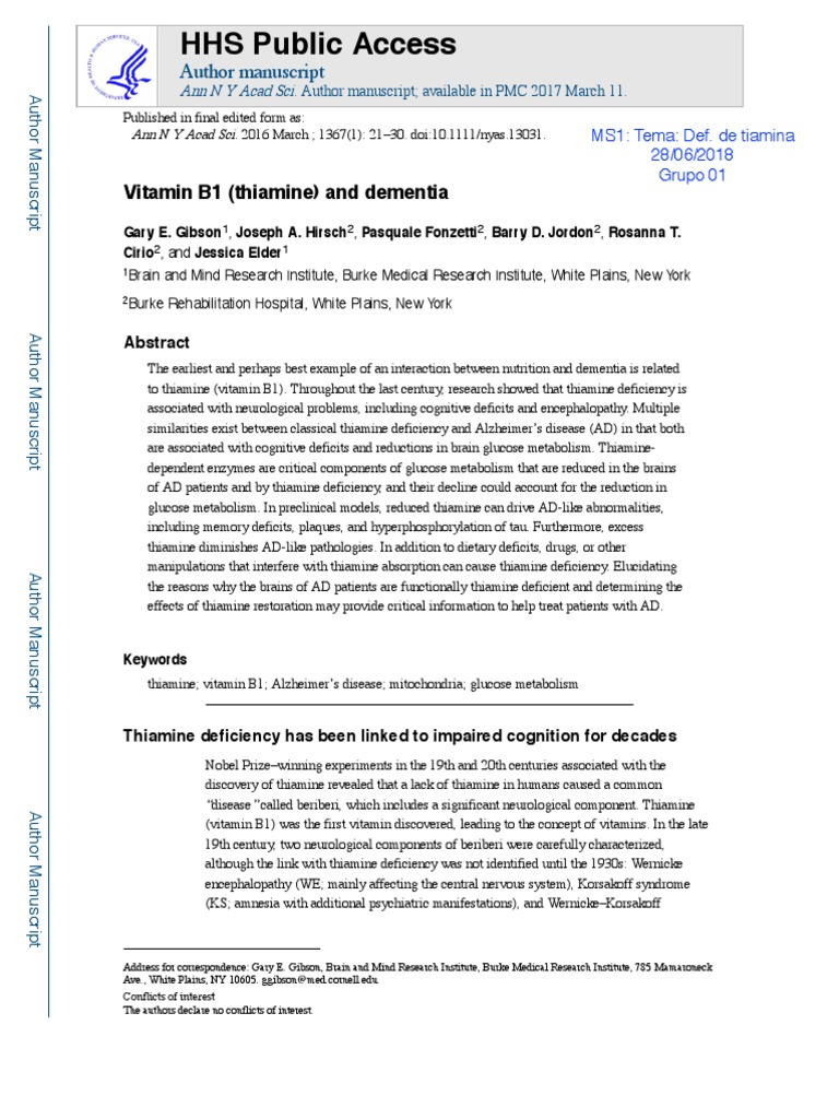 HHS Public Access Vitamin B1 (Thiamine) and Dementia PDF Hippocampus Nervous System