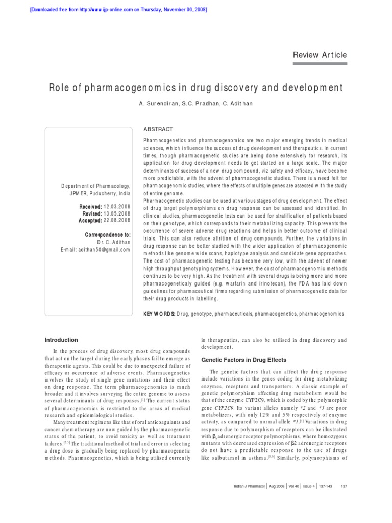 Role of Pharmacogenomics in Drug Discovery and Development: Review ...