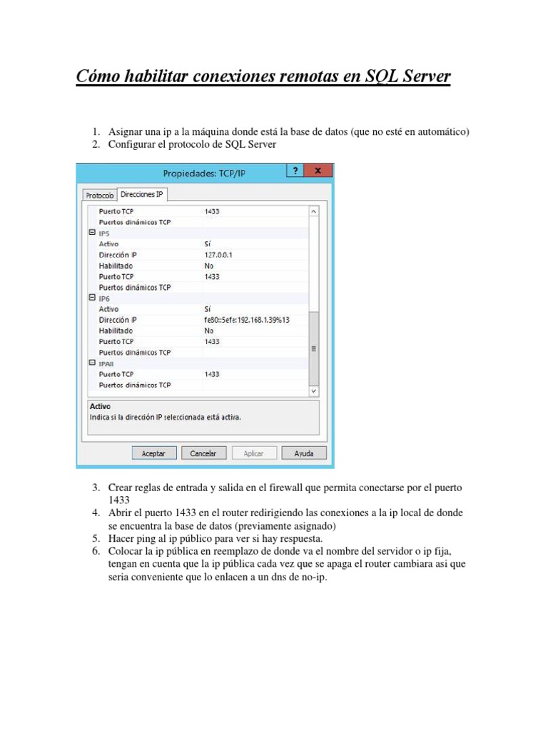 Habilitar conexiones remotas en SQL Server | PDF | Servidor SQL de ...