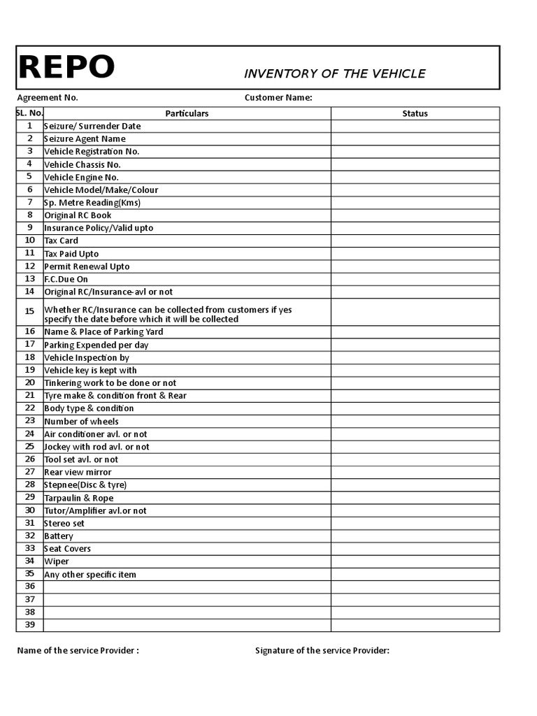 Vehicle Repo Inventory Checklist | PDF