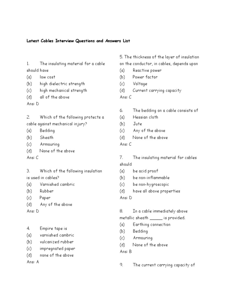 Cables Interview Questions and Answers PDF Transformer Electric