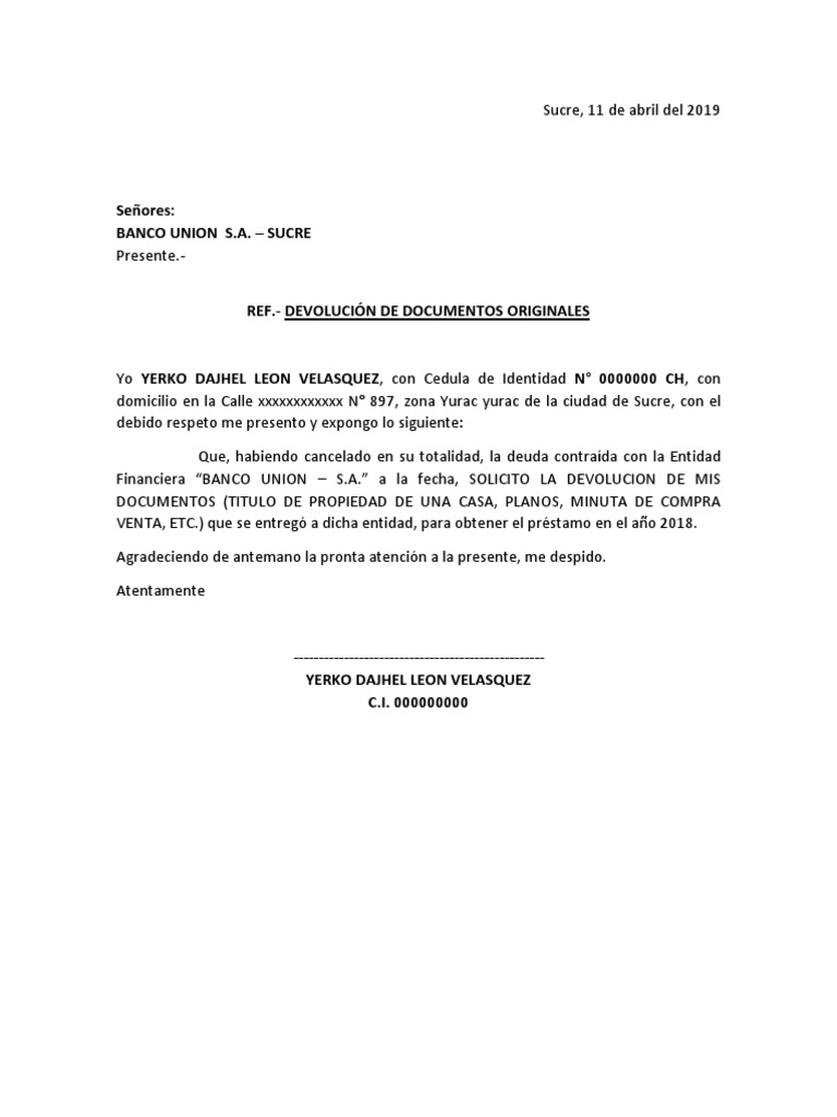 Solicitud Al Banco Unión . de Devolución de Documentos | PDF