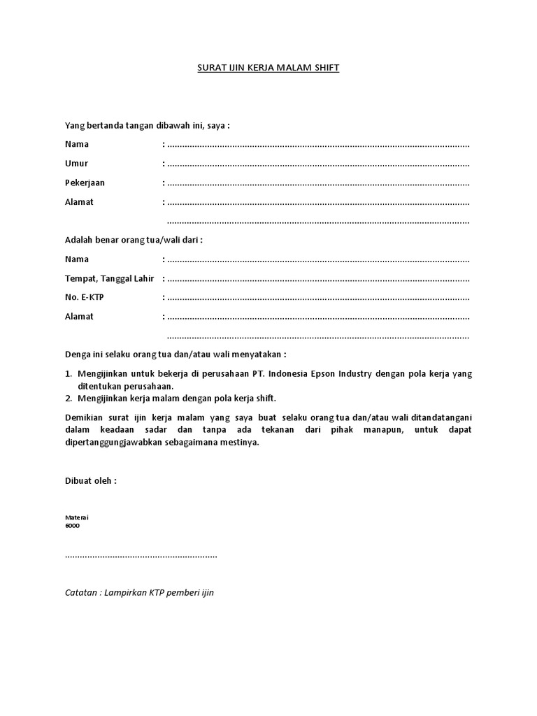 Surat Ijin Kerja Malam Shift 1