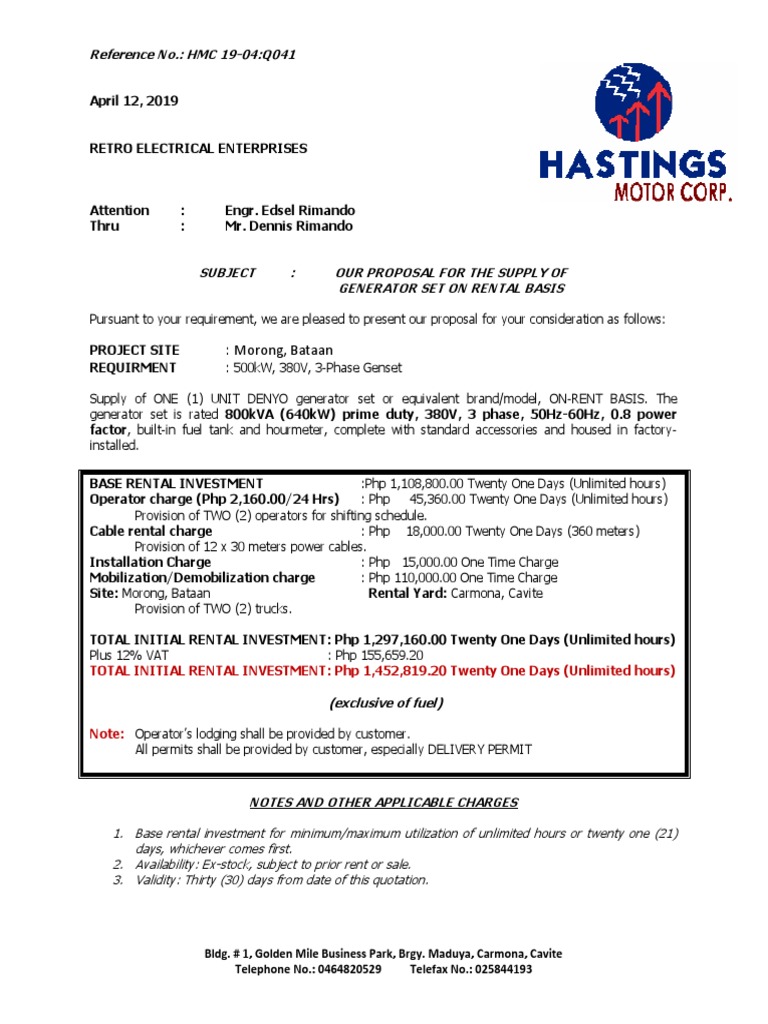 Generator Rental Proposal for Morong | PDF | Renting | Business