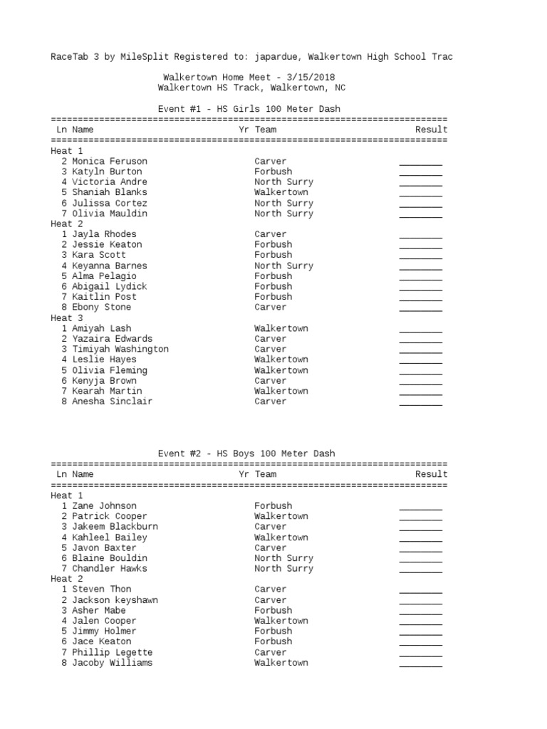 Track Events Score Sheet PDF Sport Of Athletics Athletics
