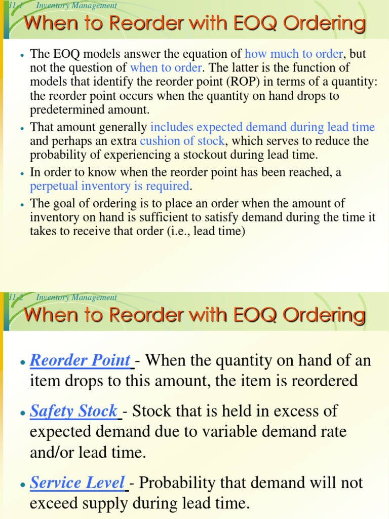 EOQ Reorder Point & Safety Stock Guide | PDF | Inventory | Demand