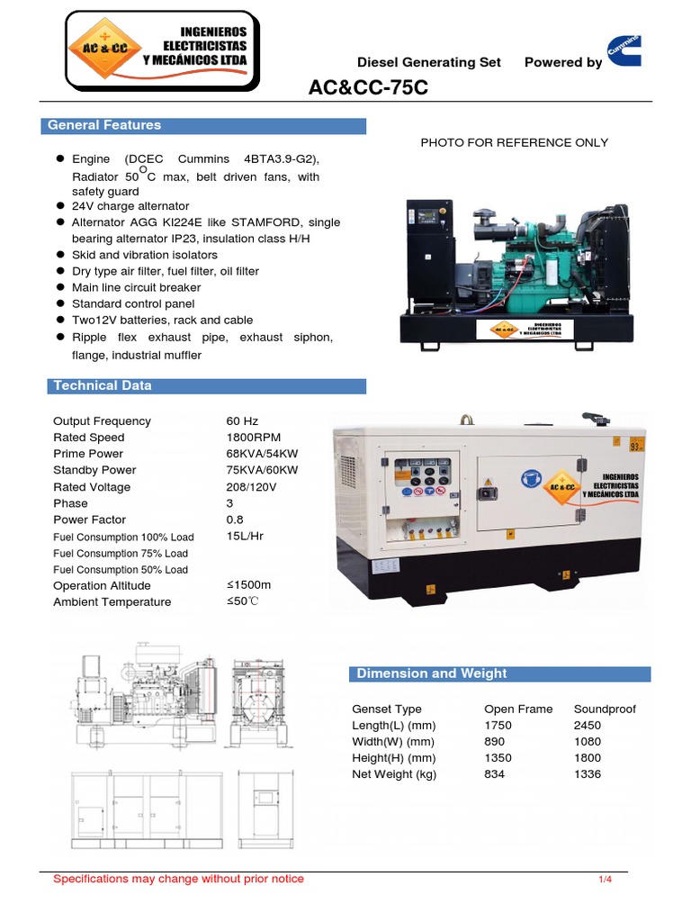 Diesel Generating Set AC&CC-75C Specs | PDF | Diesel Engine ...