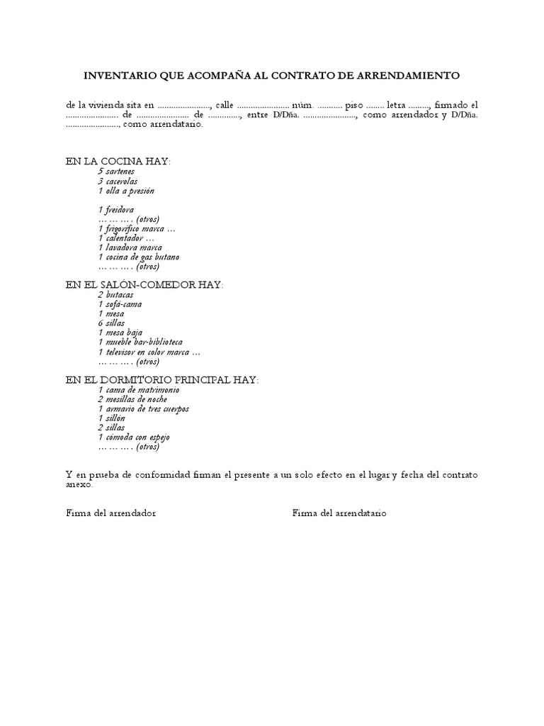 Inventario Que Al Contrato de Arrendamiento