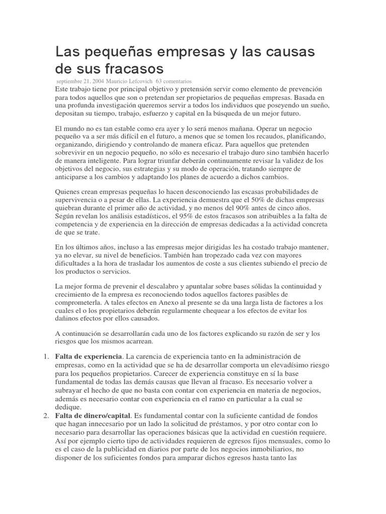 Las Pequeñas Empresas y Las Causas de Sus Fracasos | PDF | Mercado ...