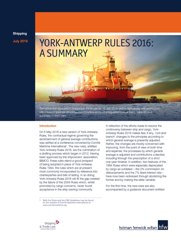 ARTICLE York Antwerp Rules 2016 A Summary July 2016 PDF PDF Marine