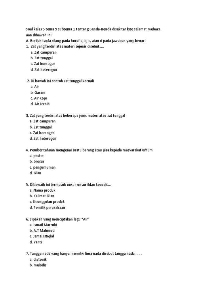 Soal Kelas 5 Tema 9 Subtema 1 Tentang Benda