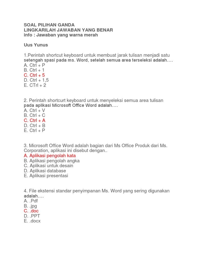 Soal Pilihan Ganda Lingkarilah Jawaban Yang Benar Info Jawaban Yang Warna Merah Uus Yunus