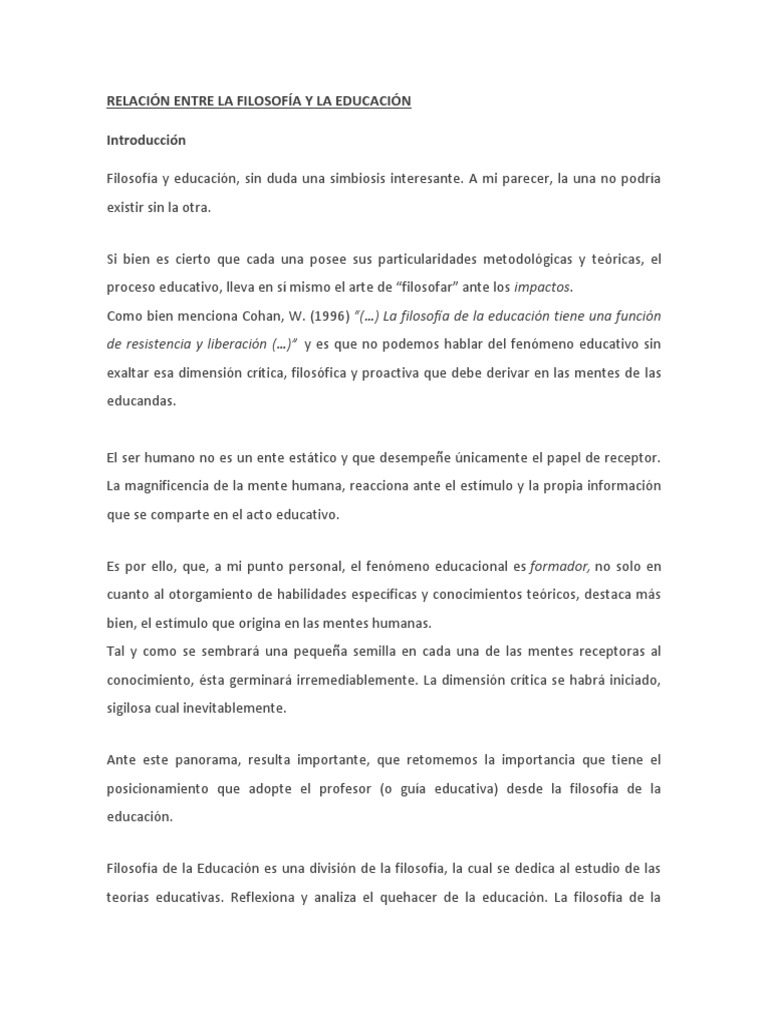 Relación Entre La Filosofía Y La Educación Introducción