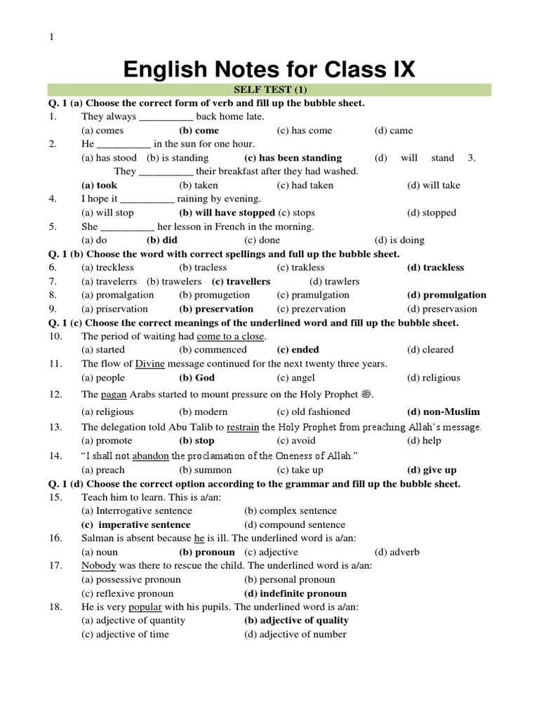 English Grammar Self-Test for Class IX | PDF | Adverb | Pronoun