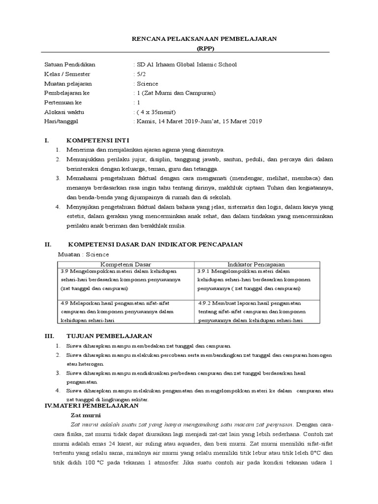 Rpp Kelas 5 Zat Murni Dan Campuran